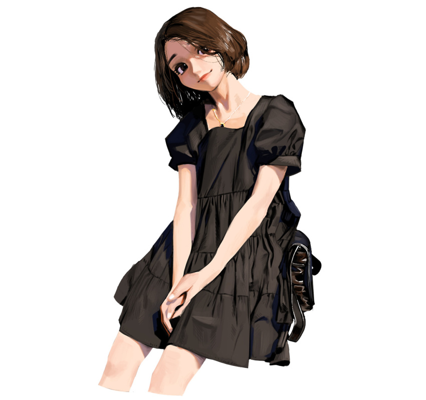 1girl black_bag black_dress black_eyes brown_hair cropped_legs dress feet_out_of_frame highres jewelry looking_at_viewer necklace original rinotuna shadow short_hair short_sleeves simple_background smile solo white_background white_nails