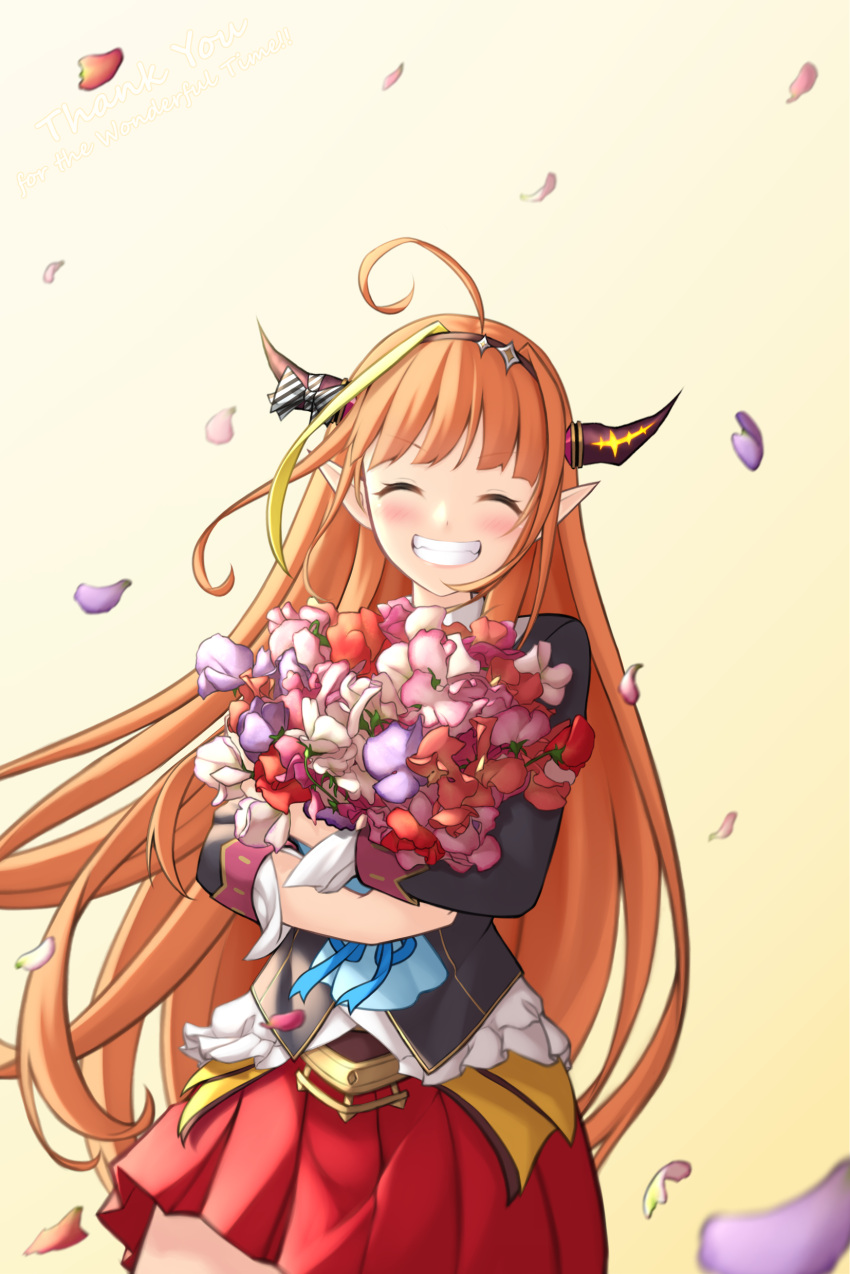 1girl absurdres ahoge bangs black_jacket blonde_hair blush bouquet bow brown_hairband closed_eyes commentary cowboy_shot diagonal-striped_bow dragon_girl dragon_horns dragon_tail english_commentary english_text eyebrows_visible_through_hair facing_viewer falling_petals flower grin hairband happy highres holding holding_bouquet hololive horn_bow horns jacket kiryu_coco long_hair miniskirt multicolored_hair orange_hair petals pinguinkotak pink_flower pleated_skirt pointy_ears purple_flower red_flower red_skirt sidelocks simple_background skirt smile solo streaked_hair striped striped_bow tail thank_you very_long_hair virtual_youtuber white_flower yellow_background