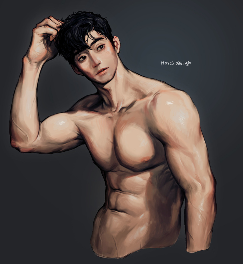 1boy abs arm_up biceps black_background black_hair cropped_torso highres male_focus muscular muscular_male nipples original pectorals rinotuna shirtless short_hair simple_background solo veiny_arms