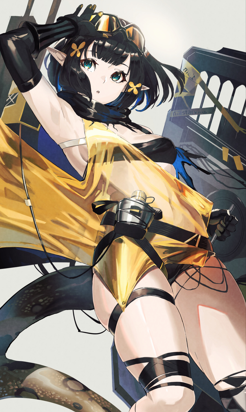 1girl absurdres arknights black_bandeau black_gloves black_hair black_panties blue_eyes blue_hair cowboy_shot dutch_angle elbow_gloves eunectes_(arknights) gloves goggles goggles_on_head hair_ornament hand_up highres holding holding_shield looking_at_viewer midriff multicolored_hair navel open_mouth panties pointy_ears see-through shield shirt short_hair skindentation snake_tail solo tail thigh_strap two-tone_hair underwear yellow_shirt you-6-11