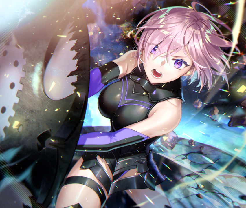 1girl armored_leotard bangs black_leotard elbow_gloves eyebrows_visible_through_hair fate/grand_order fate_(series) faulds floating_hair gloves hair_between_eyes highres holding holding_shield leotard looking_at_viewer mash_kyrielight noes open_mouth pink_hair purple_gloves shield shiny shiny_hair short_hair solo thigh_strap violet_eyes