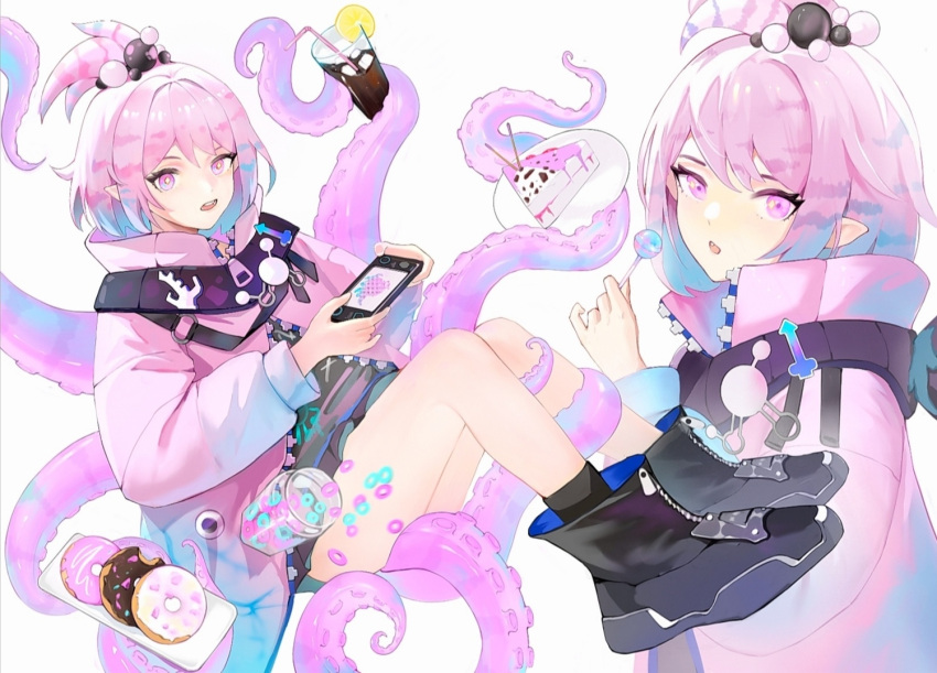 1girl arknights black_footwear blue_hair boots cake candy cup doughnut fang food fruit hair_ornament handheld_game_console holding holding_candy holding_food holding_lollipop iced_tea jacket kirara_(arknights) lemon lemon_slice lollipop monster_girl multicolored_hair multiple_views open_mouth pink_eyes pink_hair pink_jacket plate pointy_ears scylla short_hair tentacles ufoliving white_background