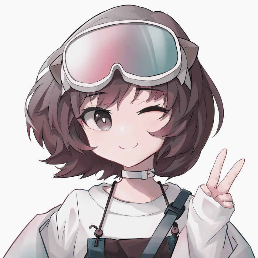 1girl animal_ears arknights brown_hair brown_overalls choker commentary_request eyebrows_visible_through_hair goggles goggles_on_head hand_up highres jacket looking_at_viewer off_shoulder one_eye_closed open_clothes open_jacket otter_ears overalls portrait roberta_(arknights) shirt short_hair simple_background smile solo v white_background white_choker white_jacket white_shirt xinxingmingyu79994