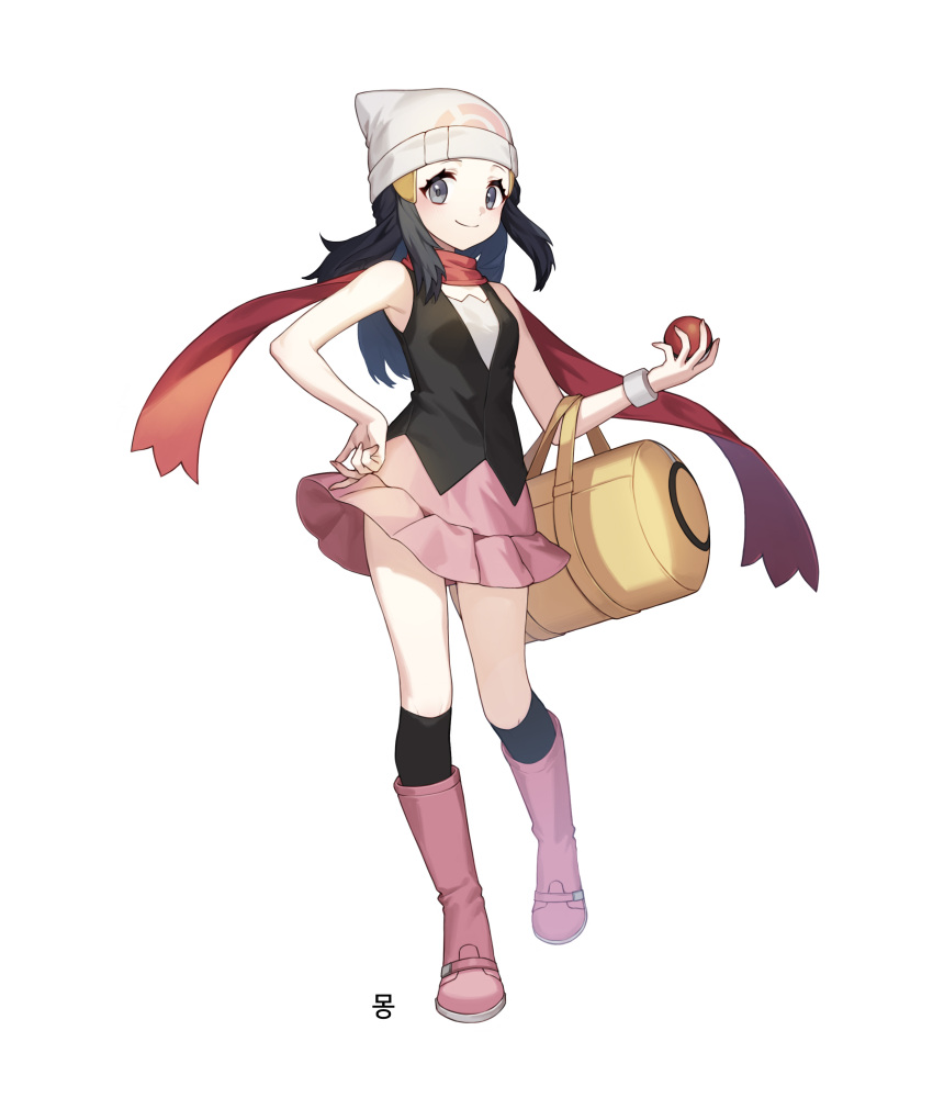 1girl absurdres bag beanie black_hair black_legwear blush boots closed_mouth commentary_request hikari_(pokemon) duffel_bag eyelashes floating_scarf full_body grey_eyes hair_ornament hairclip hand_on_hip hat highres holding holding_poke_ball kneehighs korean_commentary long_hair looking_at_viewer mongguri pink_footwear poke_ball poke_ball_(basic) pokemon pokemon_(game) pokemon_dppt red_scarf scarf simple_background smile solo standing white_background white_headwear yellow_bag