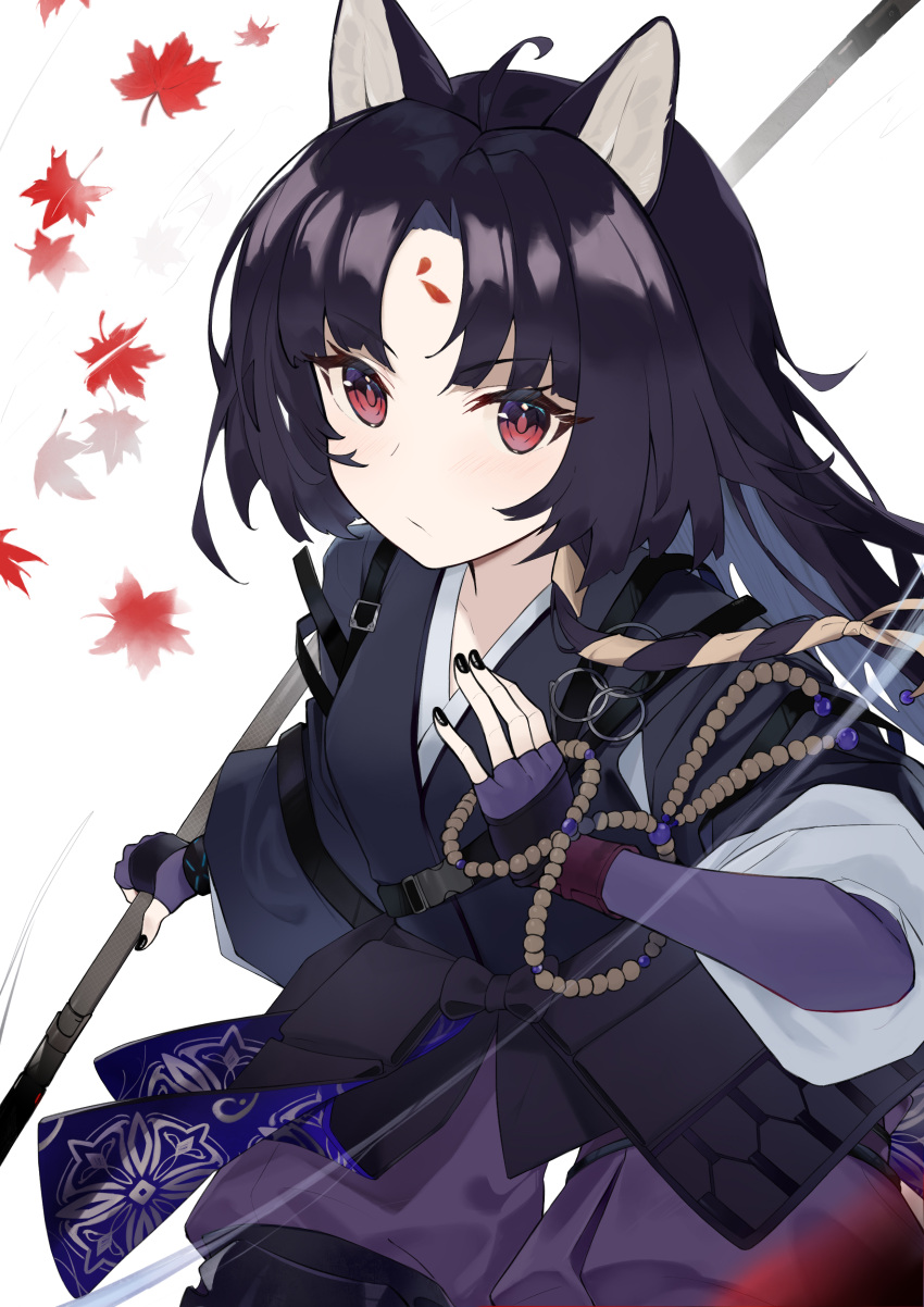 1girl absurdres ahoge animal_ears arknights black_nails commentary dog_ears elbow_gloves facial_mark fingerless_gloves forehead_mark gloves highres holding_naginata infection_monitor_(arknights) leaf long_hair looking_at_viewer maple_leaf pants purple_gloves purple_hair purple_pants purple_shirt saga_(arknights) shirt solo torry912 upper_body violet_eyes white_background wristband