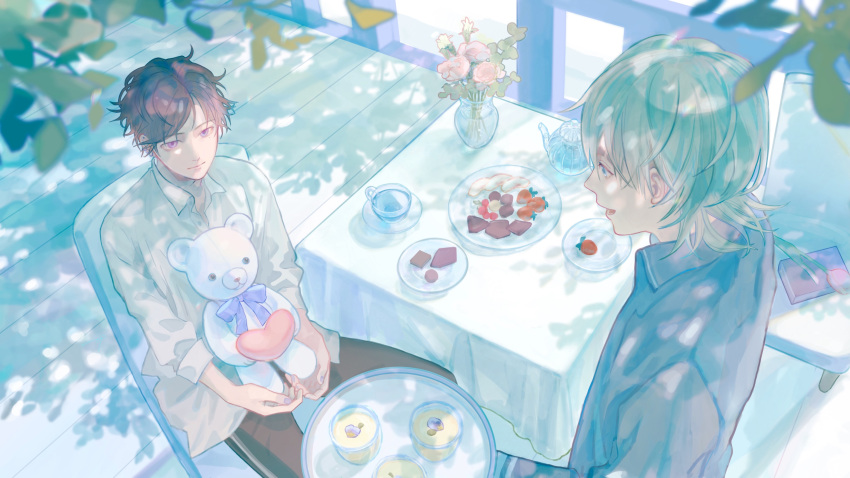 2boys absurdres aino0219 brown_hair collared_shirt cup dappled_sunlight flower food highres long_sleeves multiple_boys original pink_flower plate shirt short_hair stuffed_animal stuffed_toy sunlight teddy_bear tray vase white_flower white_hair white_shirt