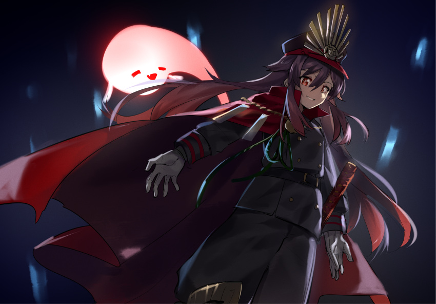 1girl :d baggy_pants bangs belt black_hair black_pants black_shirt breasts brown_hair cape closed_eyes colored_tips cosplay family_crest fang fate/grand_order fate_(series) flower-shaped_pupils genshin_impact ghost gloves grape_(pixiv27523889) hair_between_eyes hands hat hat_ornament highres hu_tao_(genshin_impact) japanese_clothes long_hair long_sleeves looking_at_viewer military military_uniform oda_nobunaga_(fate) oda_nobunaga_(fate)_(all) oda_nobunaga_(fate)_(cosplay) open_mouth outstretched_arms outstretched_hand pants peaked_cap red_cape red_eyes shirt sidelocks smile solo star-shaped_pupils star_(symbol) sword symbol-shaped_pupils teeth twintails uniform very_long_hair weapon white_gloves will-o'-the-wisp_(mythology)