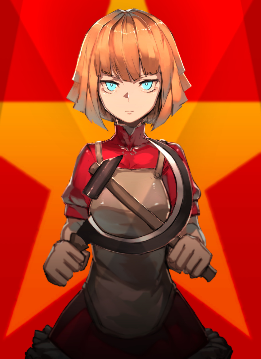 1girl absurdres apron bangs blonde_hair blue_eyes closed_mouth crescent dress fixro2n hammer highres holding holding_hammer looking_at_viewer orange_hair original red_background red_dress red_shirt shirt short_hair short_sleeves solo soviet star_(symbol) white_apron yellow_star
