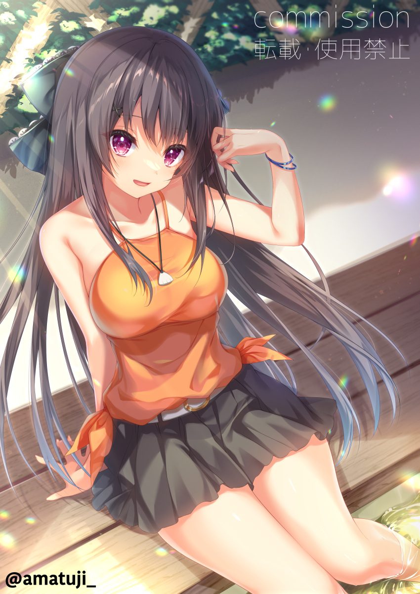 1girl :d absurdres amatsuji ao_no_kanata_no_four_rhythm bangs belt belt_buckle bench black_bow black_skirt bow bracelet breasts brown_hair buckle commission day floating_hair hair_between_eyes hair_bow highres jewelry large_breasts long_hair looking_at_viewer miniskirt open_mouth orange_shirt outdoors pendant pleated_skirt shiny shiny_hair shirt sitting skirt sleeveless sleeveless_shirt smile solo sunlight tied_shirt tobisawa_misaki twitter_username very_long_hair violet_eyes watermark white_belt