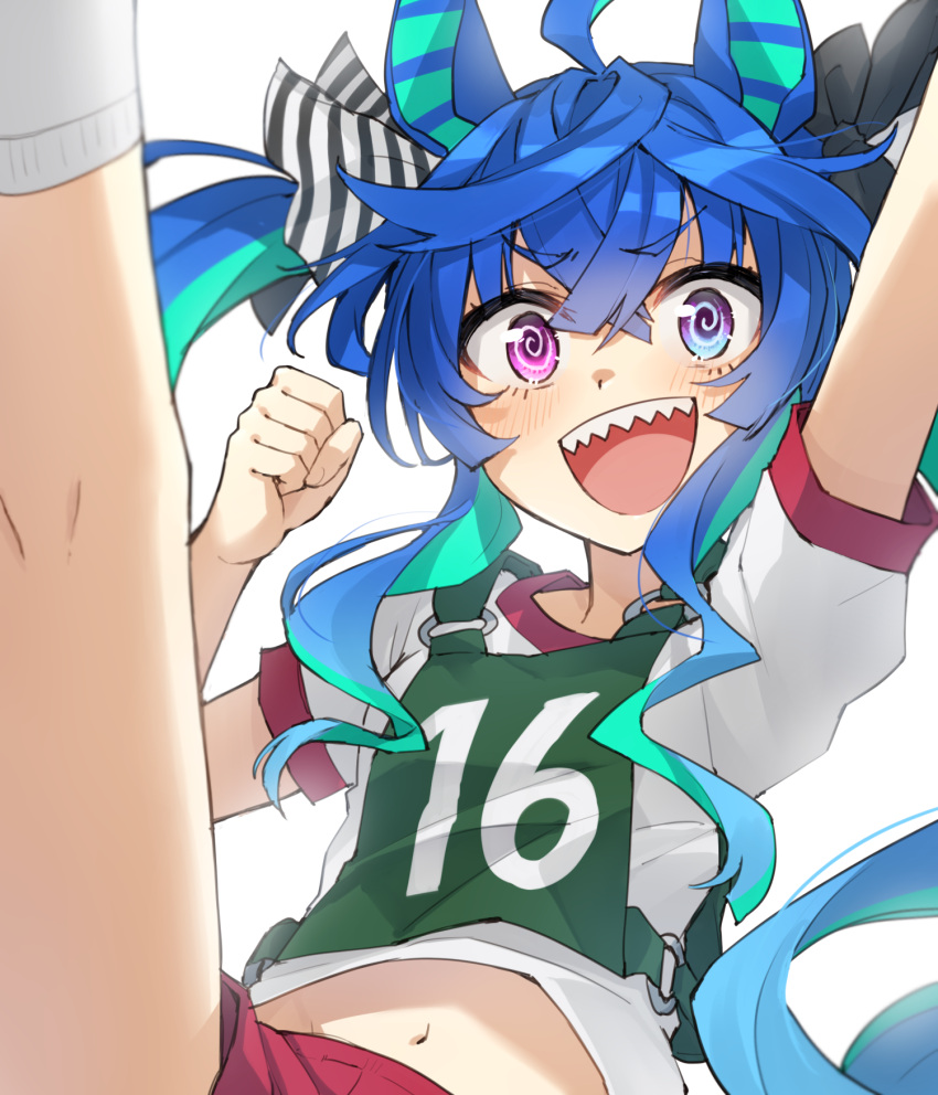 1girl :d @_@ ahoge animal_ears arm_up black_bow blue_eyes blue_hair bow clenched_hand feet_out_of_frame gym_shirt gym_shorts gym_uniform hair_bow hand_up heterochromia highres horse_ears leg_up long_hair midriff_peek multicolored_hair navel open_mouth red_shorts sharp_teeth shirt short_shorts short_sleeves shorts simple_background smile somechime_(sometime1209) teeth twin_turbo_(umamusume) twintails two-tone_hair umamusume violet_eyes white_background white_shirt