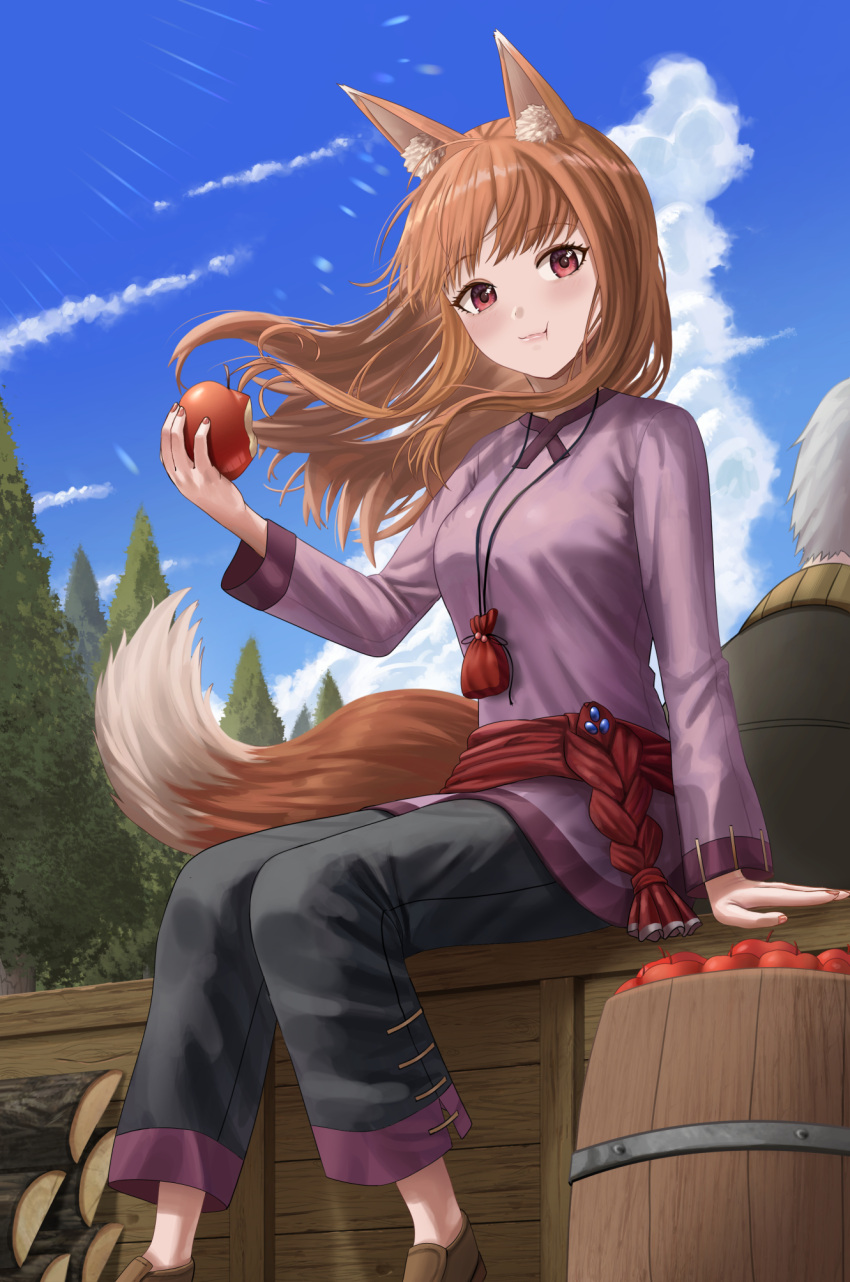 1girl animal_ear_fluff animal_ears apple bangs black_pants blue_sky brown_hair closed_mouth clouds commentary day eating eyebrows_visible_through_hair food fruit highres holding holding_food holding_fruit holo long_hair long_sleeves looking_at_viewer outdoors pants purple_shirt red_eyes shirt silvertsuki sitting sky solo spice_and_wolf tail wolf_ears wolf_girl wolf_tail