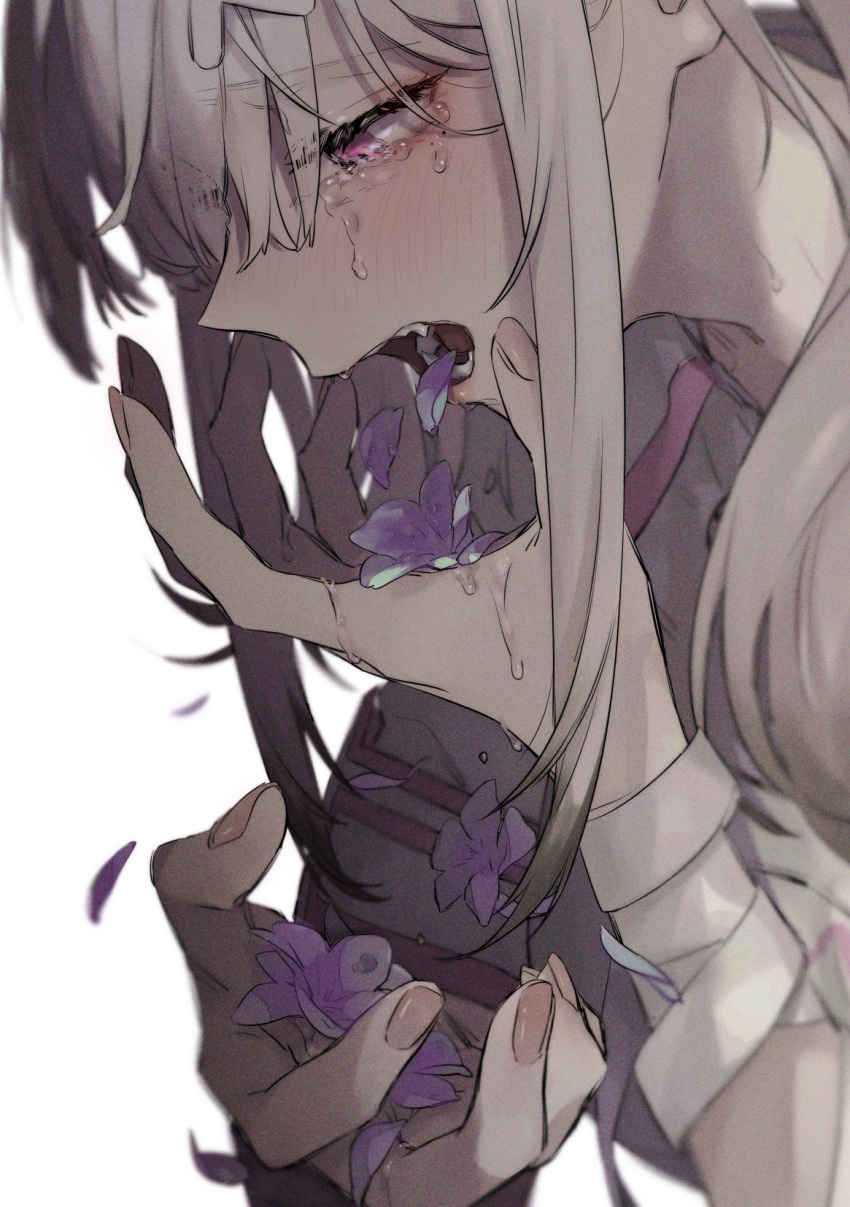 1girl arm_ribbon close-up commentary_request crying crying_with_eyes_open eyebrows_visible_through_hair falling_petals flower hanahaki_disease hands hands_up highres long_hair nijisanji open_mouth petals pink_eyes profile purple_flower ribbon saliva sharp_teeth shuu-0208 simple_background solo sukoya_kana tears teeth upper_body white_background white_hair white_ribbon