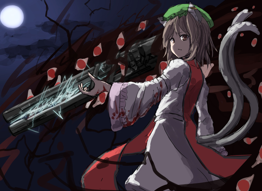 1girl :/ absurdres allcy49 animal_ears arm_up bangs blood bloody_clothes brown_eyes brown_hair cat_ears cat_tail chen clouds commentary_request dress earrings electricity eyes feet_out_of_frame from_below from_side full_moon gap_(touhou) green_headwear hat highres jewelry long_sleeves medium_hair mob_cap moon multiple_tails nekomata night night_sky parted_lips railgun red_tabard single_earring sketch sky solo standing tabard tail touhou two_tails white_dress wide_sleeves