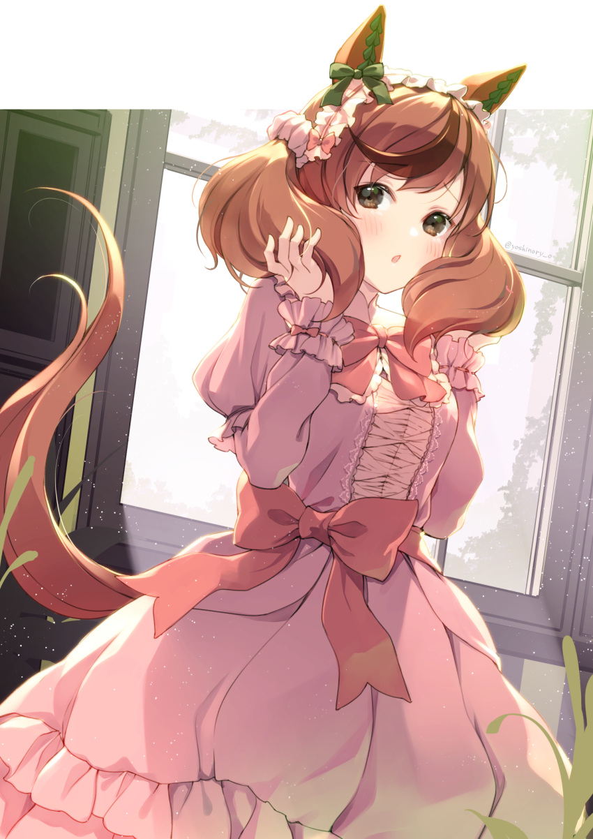 1girl animal_ears blush brown_eyes brown_hair commentary_request dress eyebrows_visible_through_hair highres horse_ears horse_girl horse_tail layered_sleeves long_hair long_sleeves multicolored_hair nice_nature_(umamusume) open_mouth pink_dress puffy_short_sleeves puffy_sleeves redhead short_over_long_sleeves short_sleeves solo streaked_hair tail twitter_username umamusume window yoshino_ryou