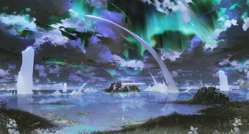 1girl alchemy_stars aurora blurry blurry_foreground character_request clouds cloudy_sky depth_of_field flower from_side glacier grass highres instrument music night night_sky piano pink_hair playing_instrument purple_theme ryota-h scenery sitting sky solo tail very_wide_shot