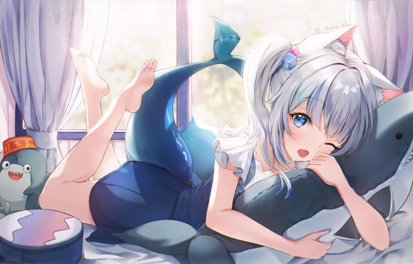 1girl animal_ear_fluff animal_ears bag bangs bare_arms barefoot bed bloop_(gawr_gura) blue_dress blue_eyes blue_hair cat_ears commentary curtains day doll_hug dress eyebrows_visible_through_hair feet feet_up fish_tail full_body gawr_gura highres hololive indoors kemonomimi_mode long_hair looking_at_viewer lying multicolored_hair on_bed on_stomach one_eye_closed open_mouth pillow prana_(prana12) shark_tail sharp_teeth shirt side_ponytail simple_background soles solo streaked_hair stuffed_animal stuffed_shark stuffed_toy tail teeth the_pose twitter_username upper_teeth virtual_youtuber white_shirt window