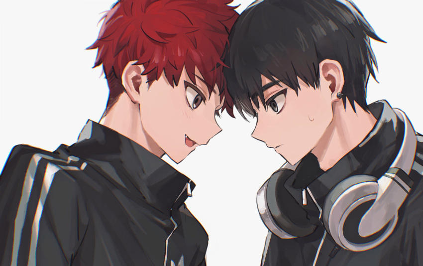 2boys bangs black_eyes black_hair black_jacket brown_eyes buried_stars closed_mouth ear_piercing fang forehead-to-forehead from_side han_do-yoon headphones headphones_around_neck highres jacket korean_commentary male_focus monza_(saeumon) multiple_boys open_mouth piercing profile redhead seo_hyesung simple_background track_jacket undercut upper_body