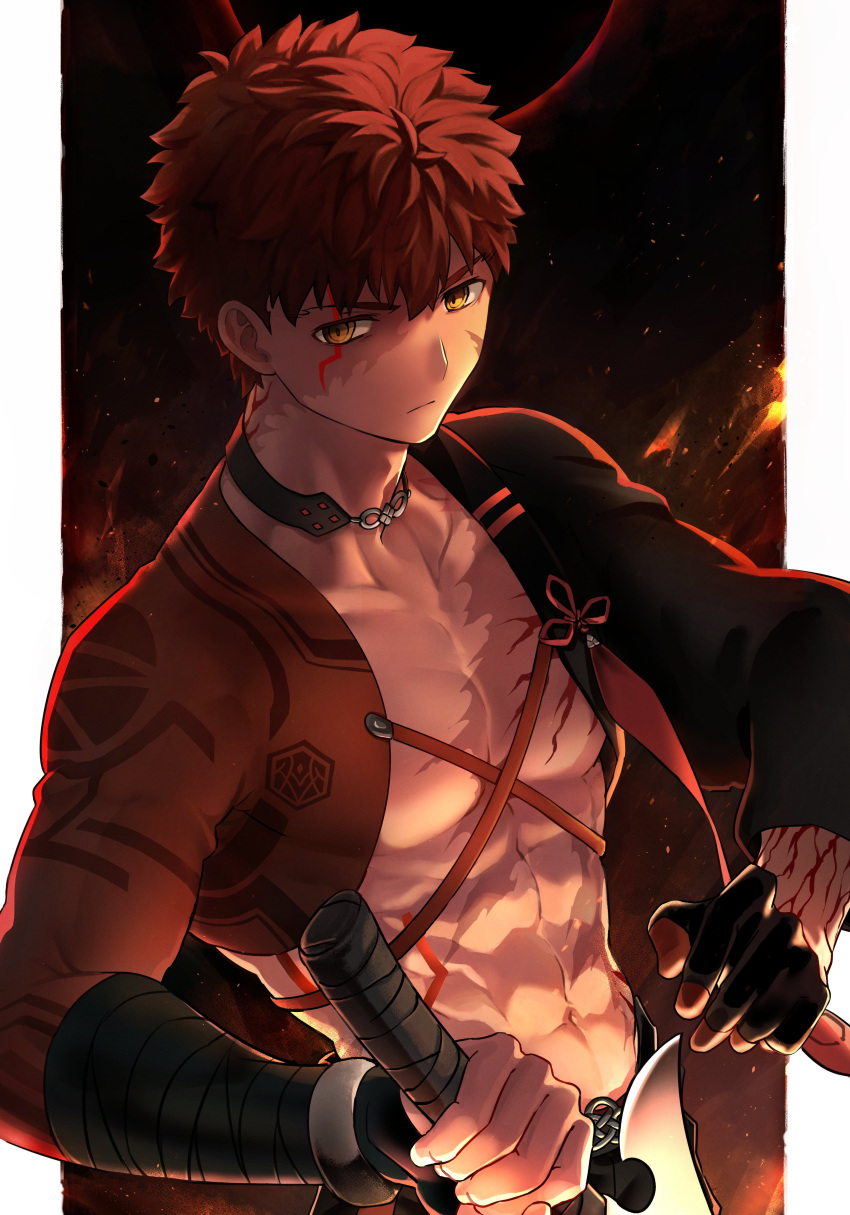 1boy absurdres alter_servant belt collar dark_persona emiya_shirou expressionless fate/grand_order fate_(series) great_grail highres holding holding_weapon igote looking_at_viewer male_focus redhead scar scar_across_eye scar_on_arm scar_on_chest scar_on_face sengo_muramasa_(fate) shirtless solo toned toned_male tuto_(mokuchin09) upper_body weapon wide_sleeves yellow_eyes