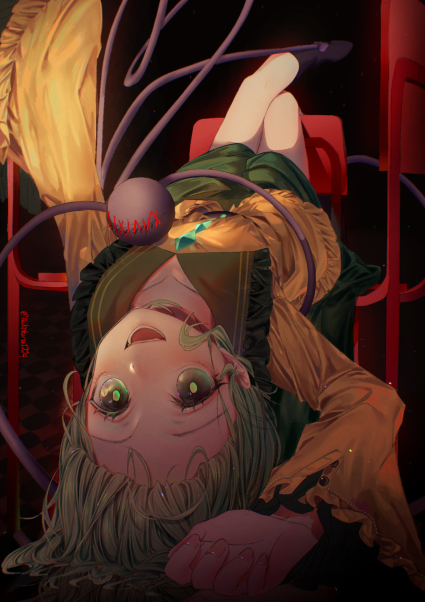 1girl arm_up artist_name black_footwear blouse boots chair collar crystal floor green_collar green_eyes green_hair green_skirt hand_up heikokuru1224 highres komeiji_koishi leg_up light long_sleeves looking_at_viewer lying open_mouth short_hair skirt solo touhou yellow_sleeves