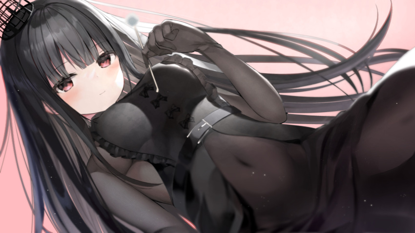1girl apron black_apron black_bow black_hair bodystocking bow breasts center_opening closed_mouth covered_navel crown dutch_angle frilled_apron frills hand_up highres large_breasts long_hair looking_at_viewer mimikaki mini_crown original pink_background red_eyes solo zukan_(db_tyoutyo)