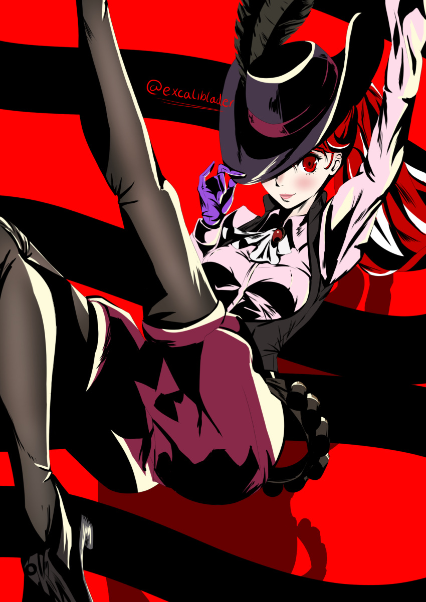 1girl arm_up black_feathers black_legwear blush breasts closed_mouth collared_shirt cosplay dress_shirt excaliblader gloves hat hat_feather hat_over_one_eye highres legwear_under_shorts long_hair looking_at_viewer medium_breasts okumura_haru okumura_haru_(cosplay) persona persona_5 persona_5_the_royal pink_shirt purple_gloves purple_headwear purple_shorts red_eyes redhead shadow shiny shiny_hair shirt shorts smile solo twitter_username wing_collar yoshizawa_kasumi