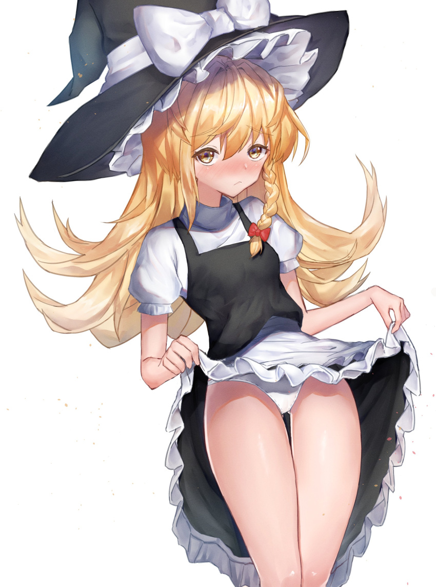 1girl absurdres black_dress blonde_hair blush braid clothes_lift dress feet_out_of_frame frown hat highres kirisame_marisa leste_(humansequencer) lifted_by_self long_hair looking_at_viewer nose_blush simple_background single_braid skirt skirt_lift solo touhou very_long_hair white_background witch_hat yellow_eyes