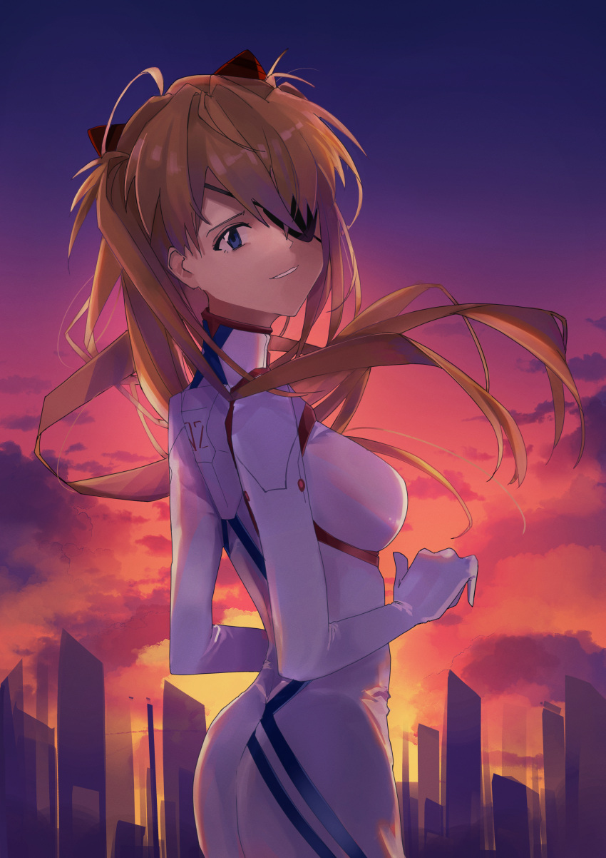 1girl absurdres ass bangs blue_eyes bodysuit breasts brown_hair cityscape evangelion:_3.0+1.0_thrice_upon_a_time eyepatch grin hair_ornament hairclip highres huge_filesize long_hair looking_at_viewer looking_back neon_genesis_evangelion plugsuit rebuild_of_evangelion smile solo souryuu_asuka_langley standing sunset white_bodysuit
