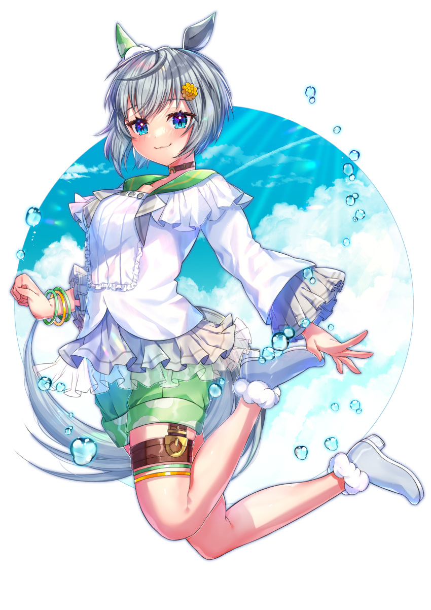 1girl akirannu animal_ears bangs blue_eyes blush breasts closed_mouth commentary_request day eyebrows_visible_through_hair flower full_body fur_trim green_shorts grey_footwear grey_hair hair_flower hair_ornament hairclip high_heels highres horse_ears horse_girl horse_tail long_sleeves seiun_sky_(umamusume) shirt shoes short_shorts shorts small_breasts smile solo tail umamusume water_drop white_background white_shirt wide_sleeves yellow_flower