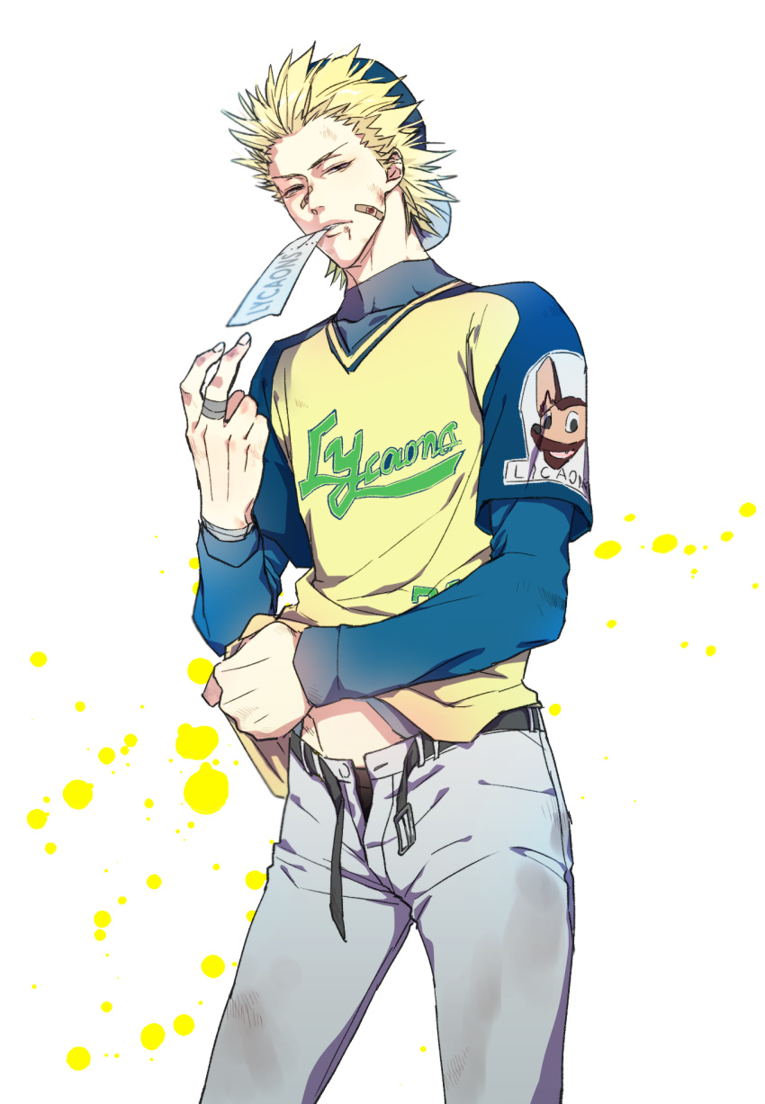 1boy bandaid baseball_cap baseball_jersey baseball_uniform belt blonde_hair cowboy_shot cuts dirty dirty_clothes hat highres injury long_sleeves looking_at_viewer male_focus male_underwear mouth_hold one_outs open_pants pants sic77 solo spiky_hair sportswear tokuchi_toua underwear white_pants