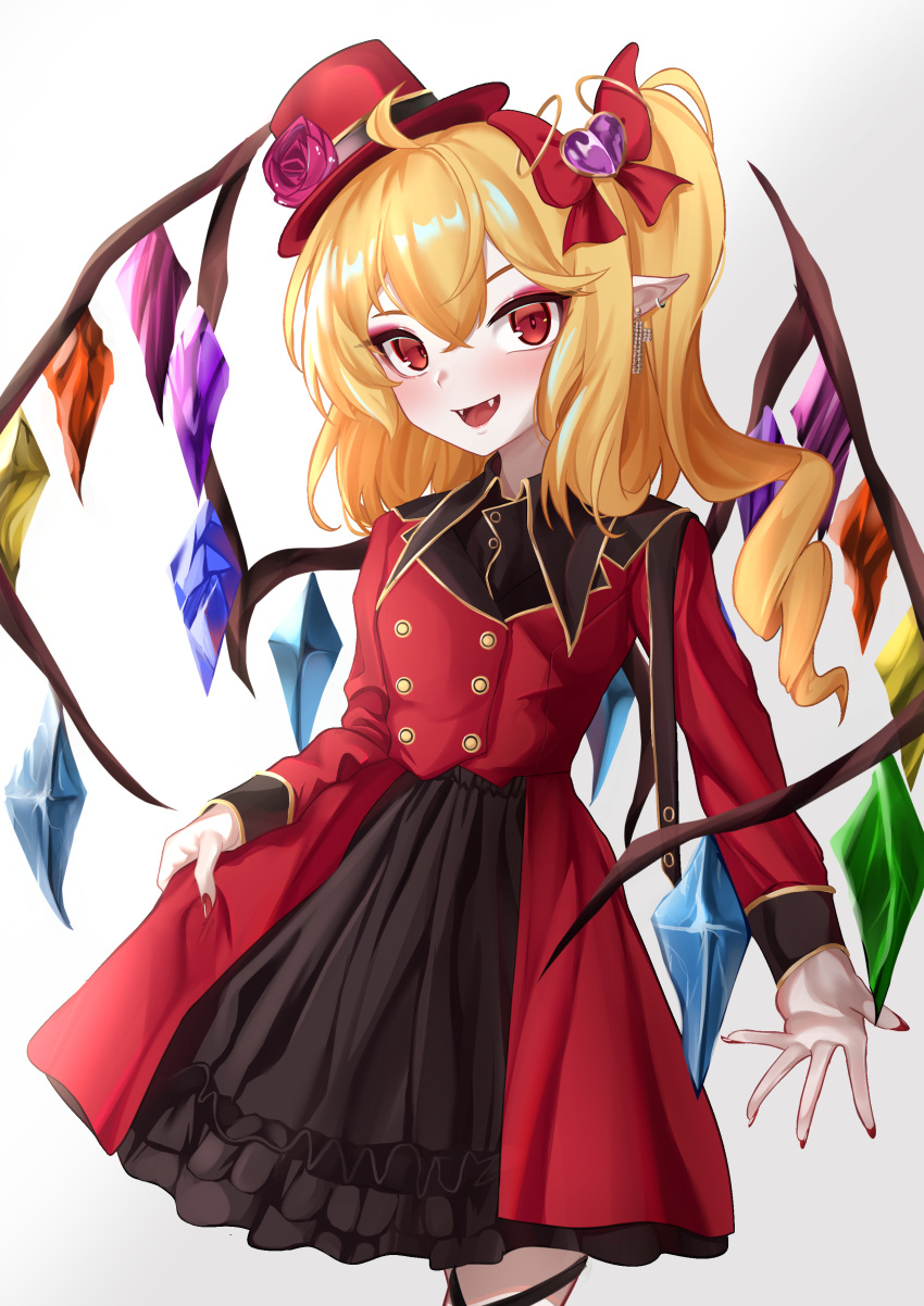 1girl :d absurdres ahoge alternate_costume alternate_headwear black_skirt blonde_hair blush cowboy_shot cross cross_earrings diudada earrings fangs fingernails flandre_scarlet flower gradient gradient_background grey_background hair_between_eyes hair_ornament hair_ribbon hat hat_flower heart heart_hair_ornament highres hoop_earrings jewelry layered_skirt leg_ribbon long_sleeves looking_at_viewer mini_hat mini_top_hat nail_polish one_side_up open_hand open_mouth pink_flower pink_rose pointy_ears red_eyes red_headwear red_nails red_skirt ribbon rose short_hair skirt skirt_hold smile solo standing symbol_commentary top_hat touhou tunic white_background wings