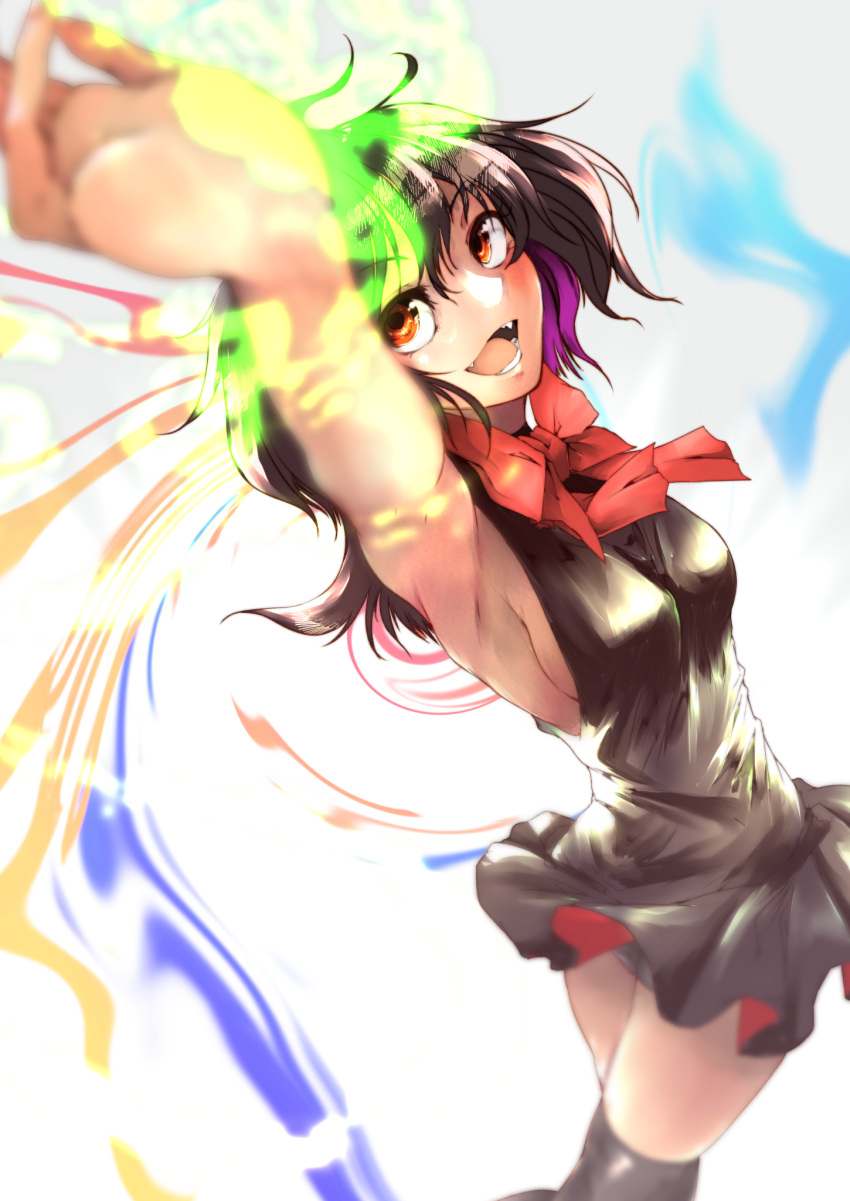 1girl arm_up armpits black_hair black_skirt eyebrows_visible_through_hair hand_up houjuu_nue open_mouth ribbon skirt solo teeth thighs tongue touhou