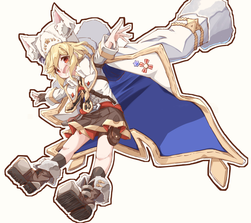 1girl :d absurdres animal_ear_fluff animal_ears animal_hat bangs black_legwear black_skirt blonde_hair boots brown_background brown_footwear brown_gloves commentary_request eyebrows_visible_through_hair fake_animal_ears fingerless_gloves fur_hat girls_frontline gloves hat highres jacket jacket_on_shoulders long_sleeves looking_at_viewer matsuo_(matuonoie) nagant_revolver_(girls_frontline) open_mouth outline outstretched_arms pleated_skirt red_eyes shirt shoe_soles single_glove skirt smile socks solo spread_arms white_headwear white_jacket white_outline white_shirt