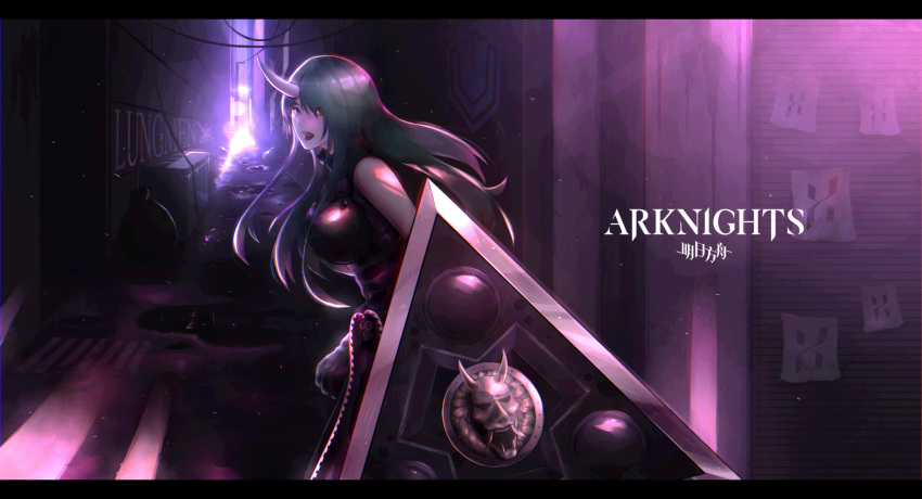 1girl alley arknights bangs black_gloves breasts food gloves green_eyes green_hair highres holding holding_shield holding_weapon horns hoshiguma_(arknights) jacket kiokoii long_hair looking_at_viewer oni_horns onigiri open_mouth shield single_horn solo trash_bag trash_can weapon