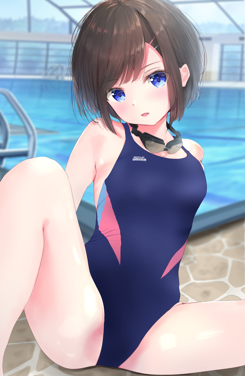 1girl absurdres black_hair black_swimsuit blue_eyes blurry commentary_request competition_swimsuit depth_of_field hair_ornament hairclip head_tilt highres looking_at_viewer one-piece_swimsuit original pool pool_ladder poolside short_hair sitting solo spread_legs swimsuit yunarebun