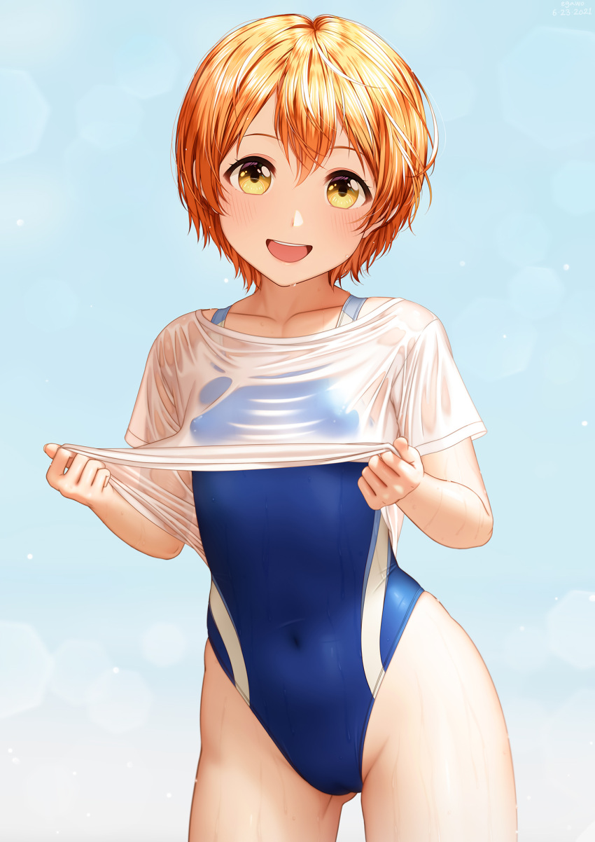 1girl blue_background blue_swimsuit breasts egawo gradient gradient_background highres hoshizora_rin looking_at_viewer love_live! love_live!_school_idol_project one-piece_swimsuit open_mouth orange_hair shirt short_hair small_breasts smile solo swimsuit t-shirt wet wet_clothes wet_shirt white_shirt yellow_eyes