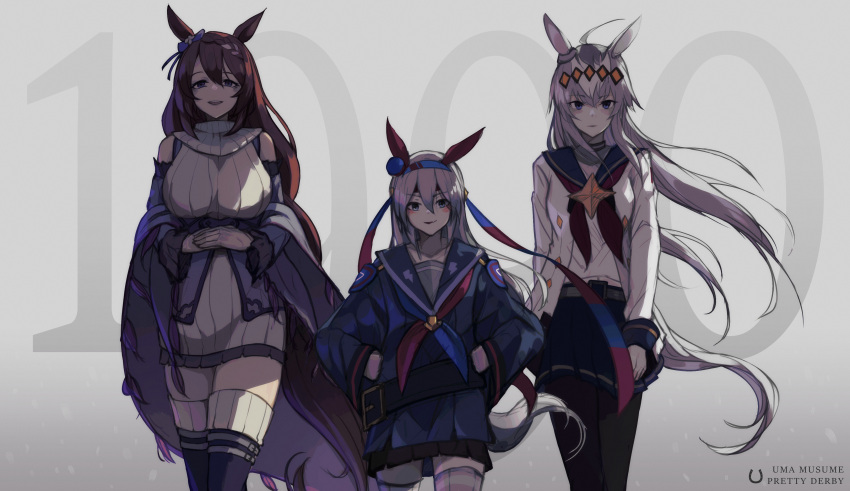 3girls absurdres animal_ears bangs belt black_legwear bow bowtie breasts brown_hair hair_between_eyes hair_ribbon hairband highres horse_ears horse_girl horse_tail kiokoii long_hair looking_at_viewer multiple_girls oguri_cap_(umamusume) open_mouth ribbon school_uniform serafuku silver_hair skirt smile standing super_creek_(umamusume) sweater tail tamamo_cross_(umamusume) thigh-highs umamusume