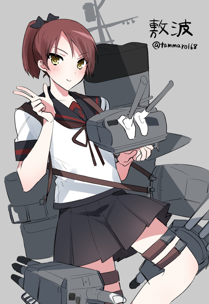1girl adapted_turret black_sailor_collar black_skirt brown_eyes brown_hair cannon character_name commentary_request grey_background highres kantai_collection looking_at_viewer machinery pleated_skirt ponytail remodel_(kantai_collection) sailor_collar school_uniform serafuku shikinami_(kancolle) simple_background skirt smokestack solo torpedo_launcher turret twitter_username v yano_tanimachi