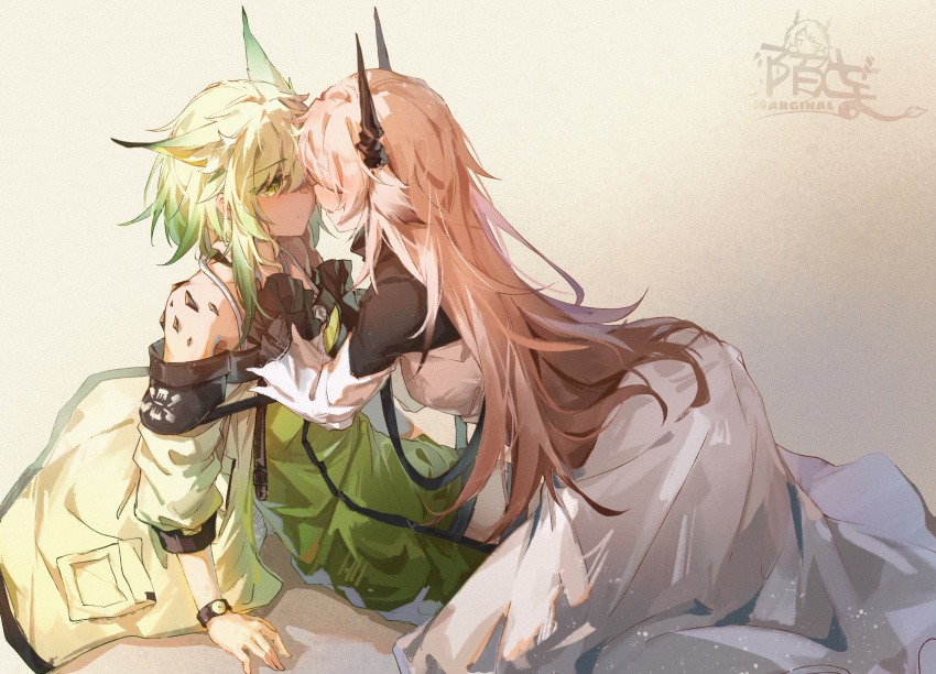 2girls absurdres animal_ears arknights artist_name bare_shoulders blonde_hair blush cat_ears chinese_commentary commentary_request demon_horns detached_sleeves dress face-to-face gradient_hair green_hair hand_in_another's_hair highres horns kal'tsit_(arknights) kneeling long_hair long_sleeves looking_at_another medium_hair moyu_marginal multicolored_hair multiple_girls oripathy_lesion_(arknights) parted_lips pink_hair sitting theresa_(arknights) watch watch white_dress yuri