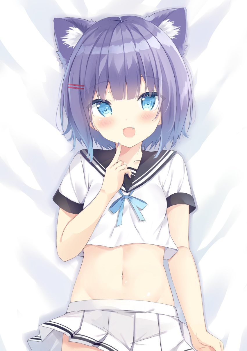 1girl :d animal_ear_fluff animal_ears bad_id bad_twitter_id bed_sheet blue_eyes crop_top crop_top_overhang fang fox_ears groin hair_ornament hairclip hand_up highres index_finger_raised looking_at_viewer lying midriff miniskirt nail_polish navel neck_ribbon on_back open_mouth pleated_skirt purple_hair ribbon rukiroki saeki_sora sailor_collar sasugano_ruki school_uniform serafuku shirt short_hair short_sleeves skirt smile solo stomach virtual_youtuber white_shirt white_skirt