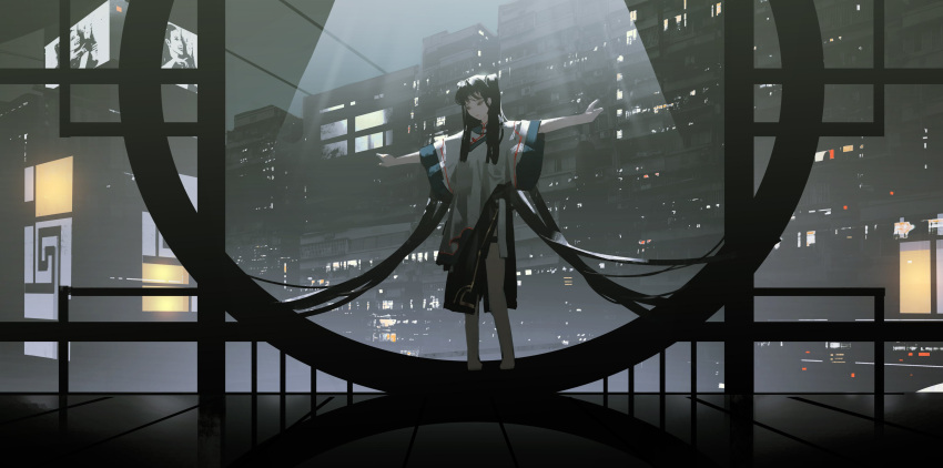 1girl absurdres bare_legs barefoot billboard black_hair chinese_clothes cityscape expressionless full_body highres indoors looking_down original outstretched_arms short_sleeves solo standing tuoer twintails white_robe window