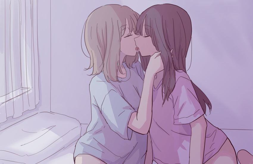 2girls absurdres bedroom betock blue_shirt brown_hair closed_eyes commentary_request curtains eyebrows_visible_through_hair french_kiss hand_in_another's_hair highres indoors kiss light_brown_hair long_hair medium_hair multiple_girls on_bed open_mouth original pillow pink_shirt shirt sitting t-shirt yuri