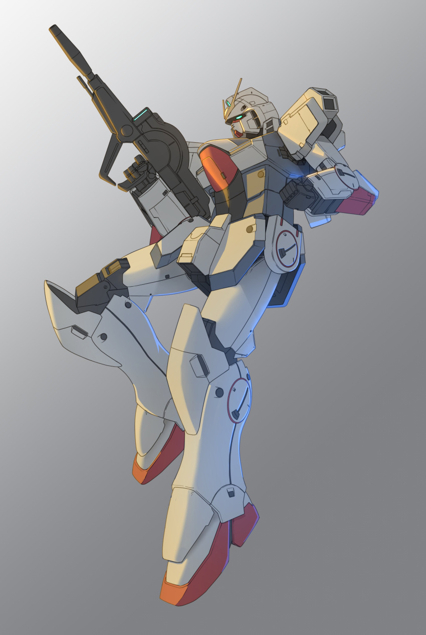 absurdres blue_eyes clenched_hand floating gradient gradient_background gun gundam highres holding holding_gun holding_weapon mecha mobile_suit no_humans science_fiction solo takahashi_masaki v-fin v_gundam victory_gundam weapon