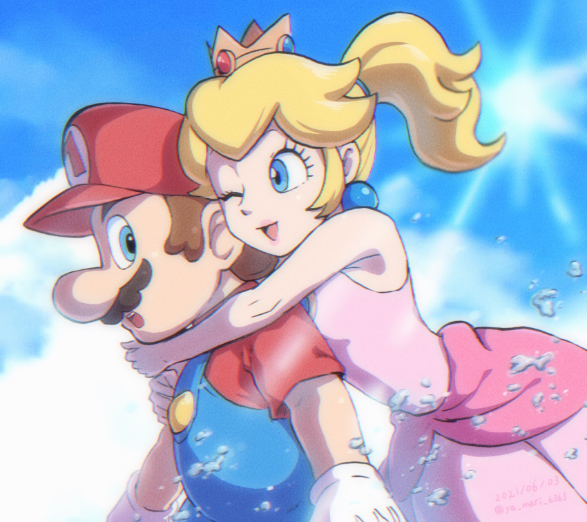 1boy 1girl ;d bare_arms blonde_hair blue_eyes blue_sky brown_hair dress english_commentary hetero highres hug hug_from_behind mario one_eye_closed open_mouth outdoors pink_dress ponytail princess_peach red_headwear sky smile sun super_mario_bros. water ya_mari_6363