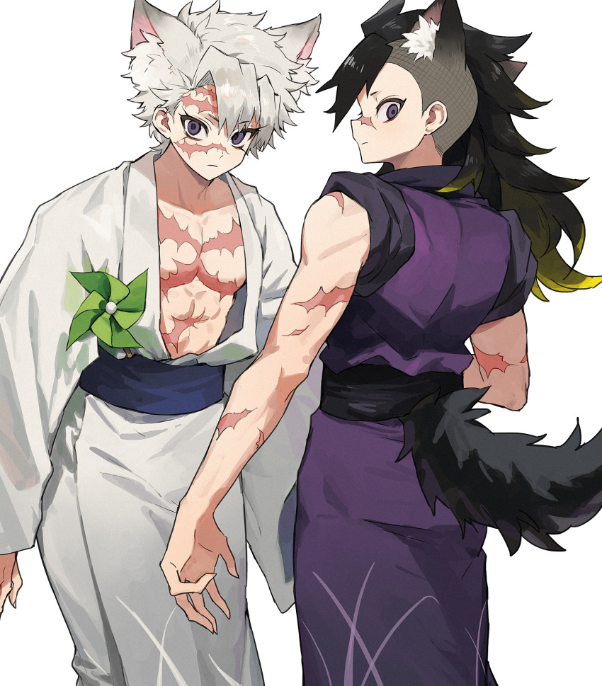 2boys animal_ear_fluff animal_ears bangs black_hair blonde_hair closed_mouth highres japanese_clothes kimetsu_no_yaiba kimono long_hair long_sleeves male_focus mohawk monza_(saeumon) multicolored_hair multiple_boys obi pinwheel sash scar scar_on_arm scar_on_chest scar_on_face shinazugawa_genya shinazugawa_sanemi simple_background sleeves_rolled_up tail violet_eyes white_background white_hair yukata