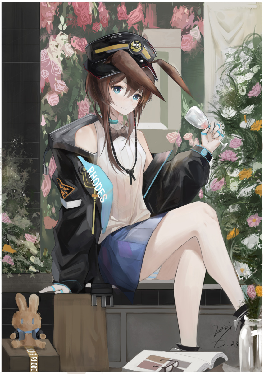1girl absurdres amiya_(arknights) animal_ears arknights black_bow black_headwear black_jacket blue_choker blue_eyes blue_skirt bow brown_hair chitangbujiayan choker clothes_writing crossed_legs cup dated drinking_glass flower hair_between_eyes hat highres holding holding_cup jacket long_hair looking_at_viewer multiple_rings off-shoulder_sweater off_shoulder open_clothes open_jacket panties rabbit_ears shirt signature sitting skirt sleeveless sleeveless_shirt smile solo striped striped_panties stuffed_animal stuffed_bunny stuffed_toy sweater thighs underwear white_panties white_shirt white_sweater