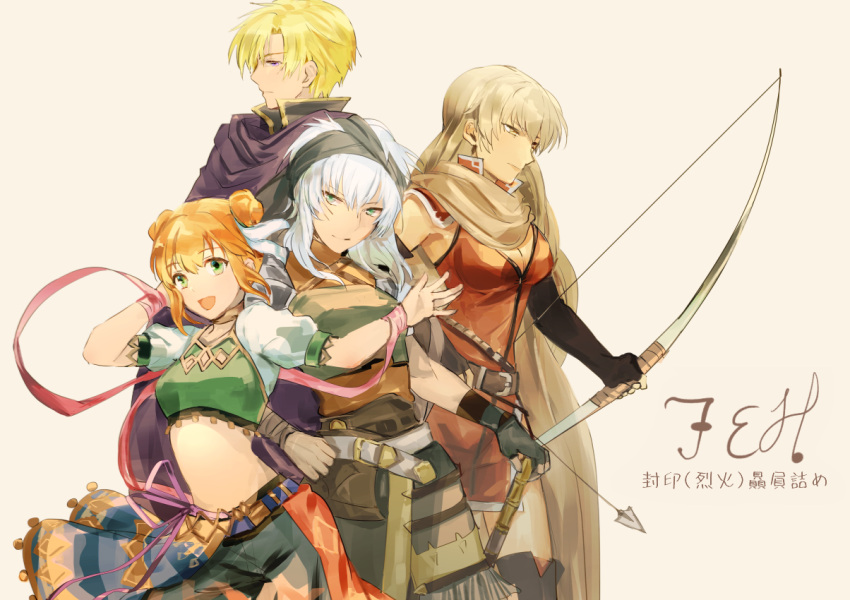 blonde_hair bow_(weapon) cloak dress echidna_(fire_emblem) fire_emblem fire_emblem:_the_binding_blade fire_emblem_heroes green_eyes group_picture igrene_(fire_emblem) larum_(fire_emblem) looking_at_viewer looking_to_the_side midriff no_navel perceval_(fire_emblem) pink_ribbon red_dress redhead ribbon shoochiku_bai silver_hair smile violet_eyes weapon yellow_eyes