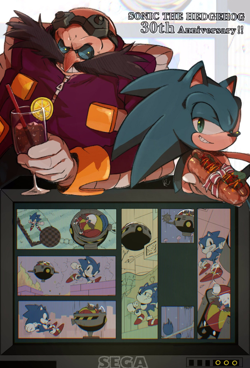 2boys anniversary bald cup dr._eggman facial_hair fat fat_man food goggles green_eyes grin highres holding holding_cup holding_food hot_dog male_focus misuta710 multiple_boys mustache smile sonic_(series) sonic_the_hedgehog sonic_the_hedgehog_(classic) sonic_the_hedgehog_1 zipper