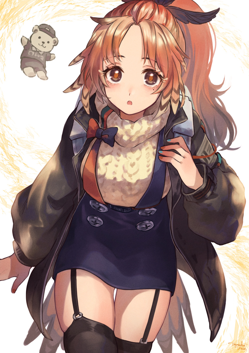 1girl absurdres arknights beige_sweater black_jacket black_legwear blue_nails blue_skirt brown_eyes cowboy_shot feather_hair garter_straps hand_up highres jacket long_hair looking_at_viewer open_clothes open_jacket open_mouth orange_hair pinecone_(arknights) ponytail skirt solo tarako_jun thigh-highs