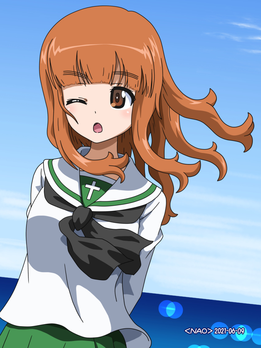 1girl ;o arms_behind_back artist_name bangs black_neckwear blouse blue_sky blunt_bangs closed_mouth commentary dated day dutch_angle eyebrows_visible_through_hair girls_und_panzer green_skirt highres horizon long_hair long_sleeves naotosi neckerchief ocean one_eye_closed ooarai_school_uniform orange_eyes orange_hair outdoors pleated_skirt sailor_collar school_uniform serafuku skirt sky solo standing takebe_saori upper_body white_blouse white_sailor_collar wind