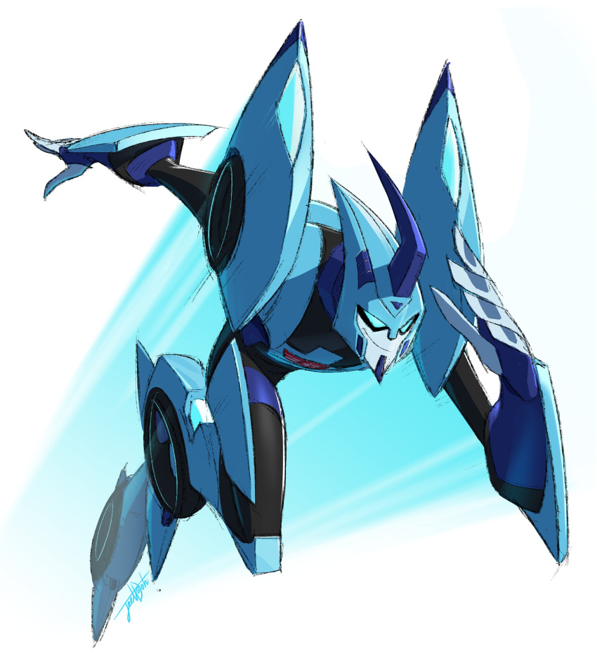 1boy absurdres autobot blue_eyes blurr english_commentary highres horns insignia jeetdoh mecha no_humans open_hands running science_fiction signature single_horn smile solo transformers transformers_animated white_background